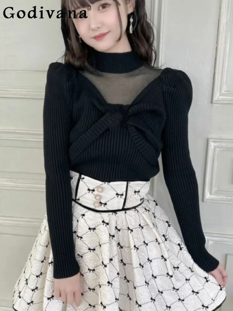 

Autumn Winter New Japanese Sweet Black White Sweaters Women's Slim Fit Elegant High Neck Cute Bow Knit Pullover Tops Mujer 2025