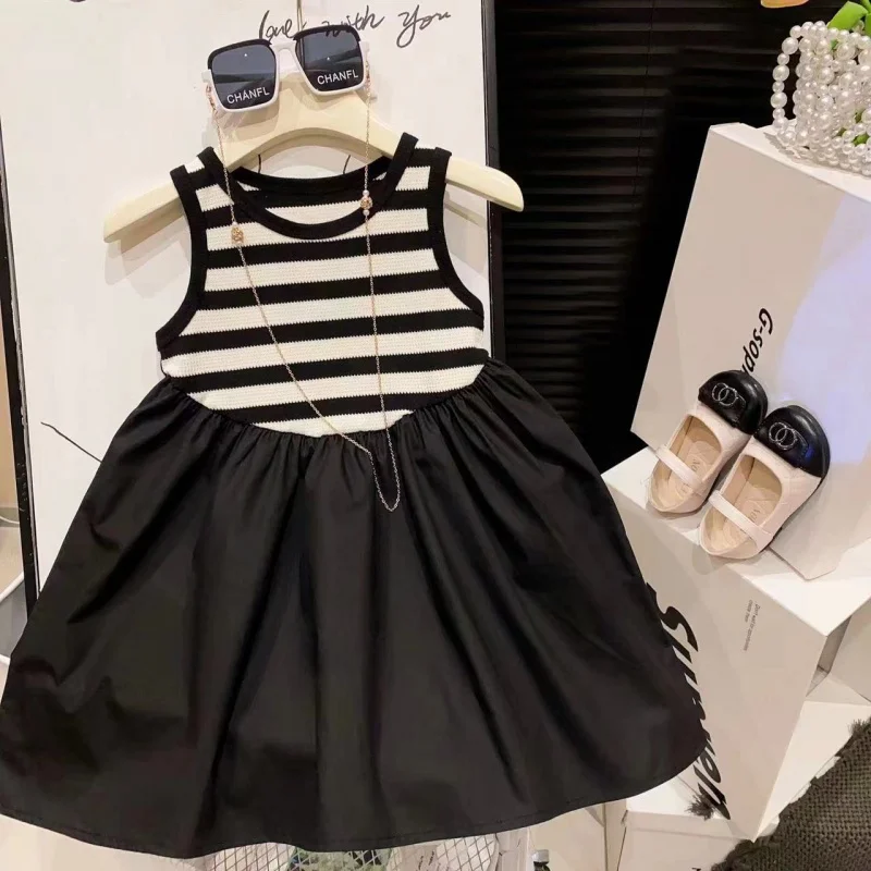 

New Girls' Striped Bottoming Vest Splicing Western Princess Sleeveless Dress2024Summer Children Skirt-WSNY