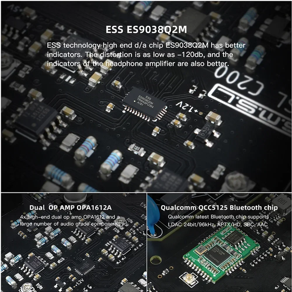 Imagem -06 - Smsl C200 Hifi Decodificador para Ps4 Ps5 Usb Dac Es9038q2m Amplificador de Auscultadores Opa1612a x Trs Equilibrado 44 mm Saída 635 mm Bluetooth 5.1