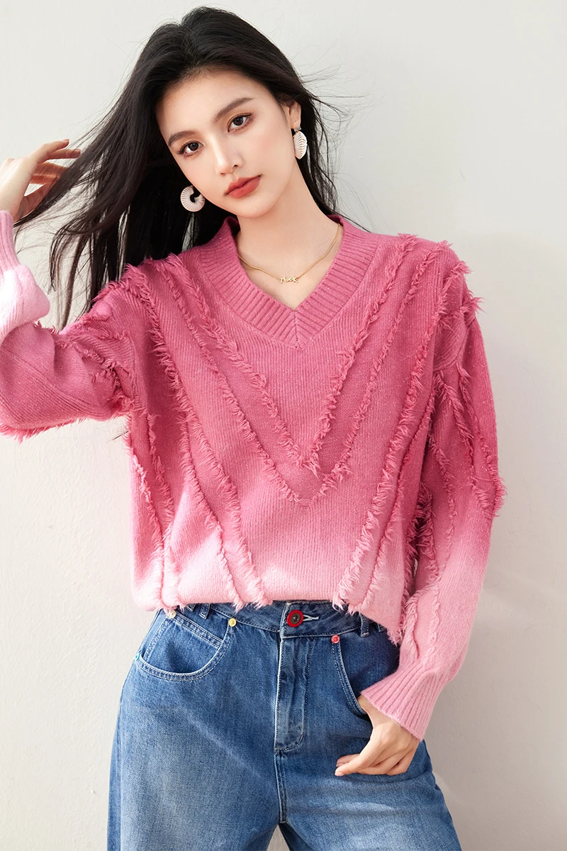 Lazy Style Pink Soft Knitted Loose Sweater Tassel New Autumn Winter Women V Neck Long Sleeve Thick Warm Tie Dye Pullover Tops