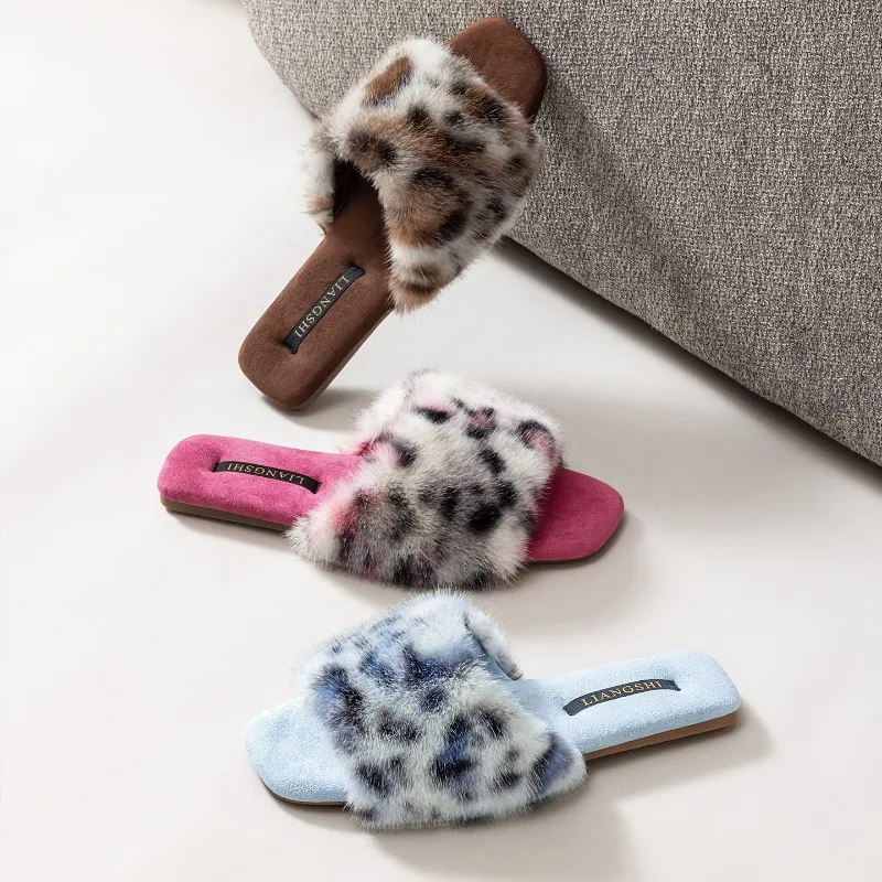 Mao Mao Opening Slippers Home Anti Slip Floor Dragging Women Temperament Leopard Pattern Autumn/Winter Indoor Home Wholesale