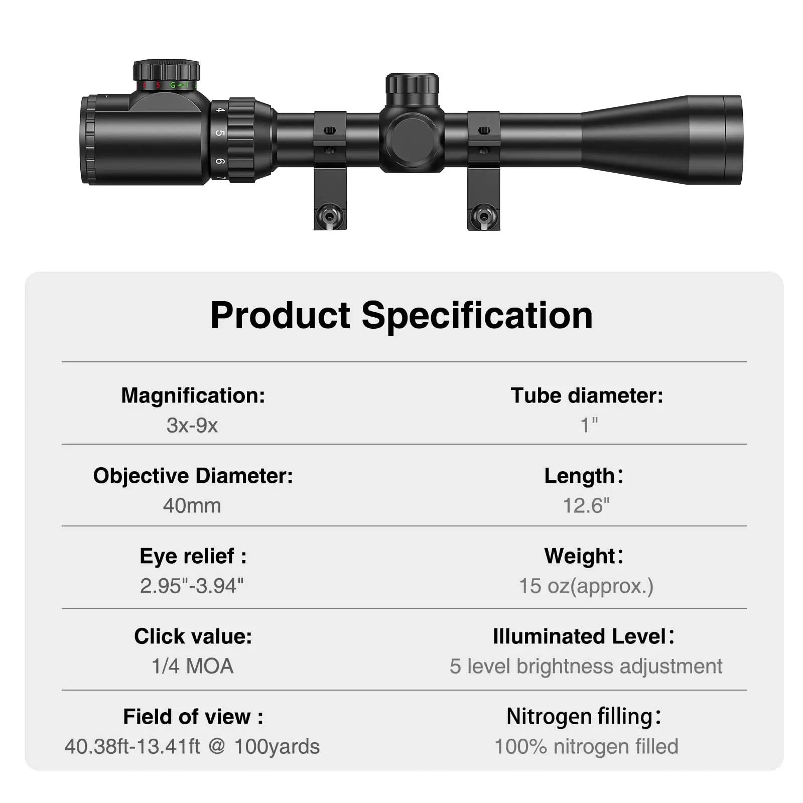 EZshoot Riflescope 3-9x40 Rifle Scope Red and Green Illuminated Optical Gun Scope For Hunting with 20mm Free Mounts Mil-dot