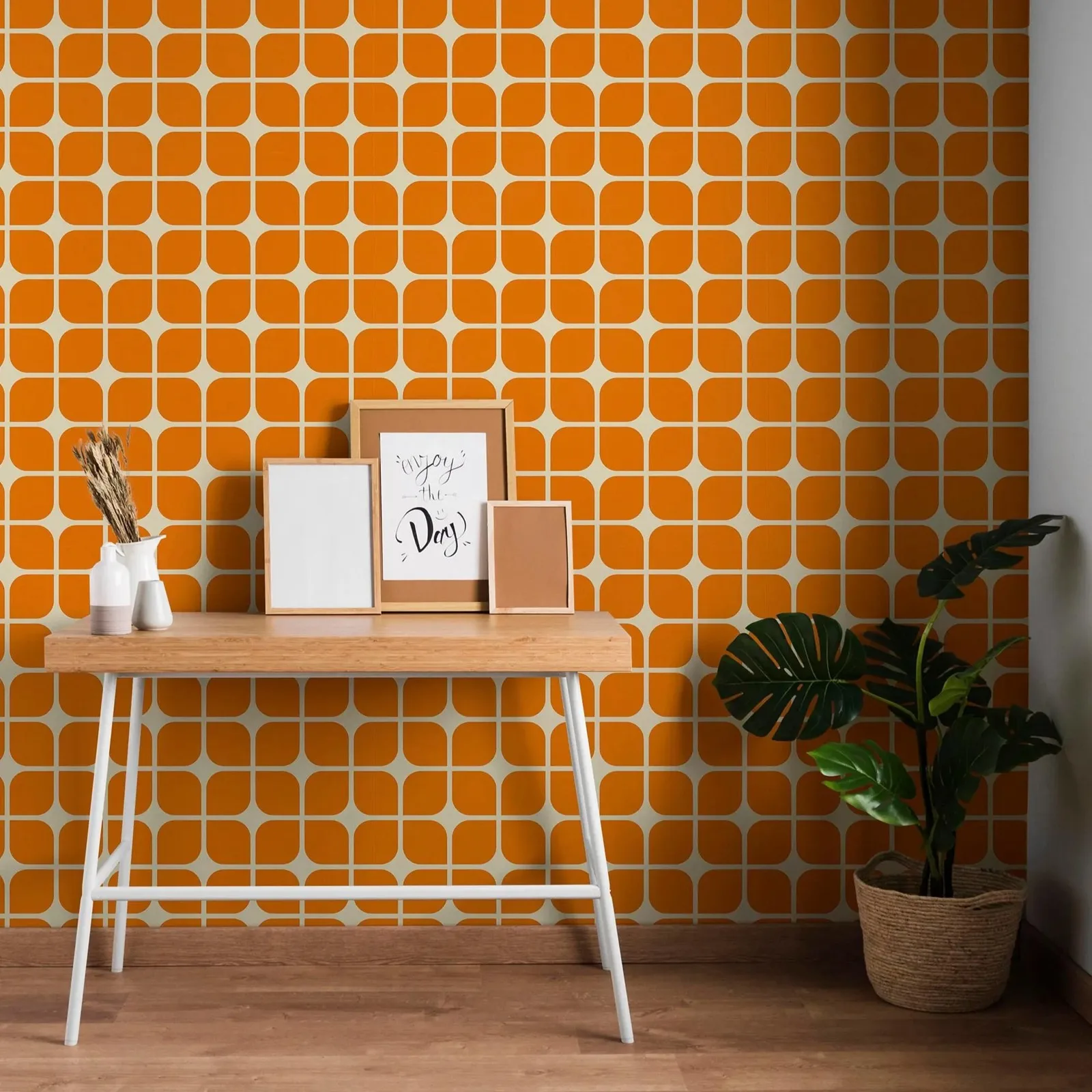 Geometric Wallpaper Peel and Stick, Orange Wallpaper For Living Room Decor,Retro Whimsical Traditional Non-woven Wallpaper Roll