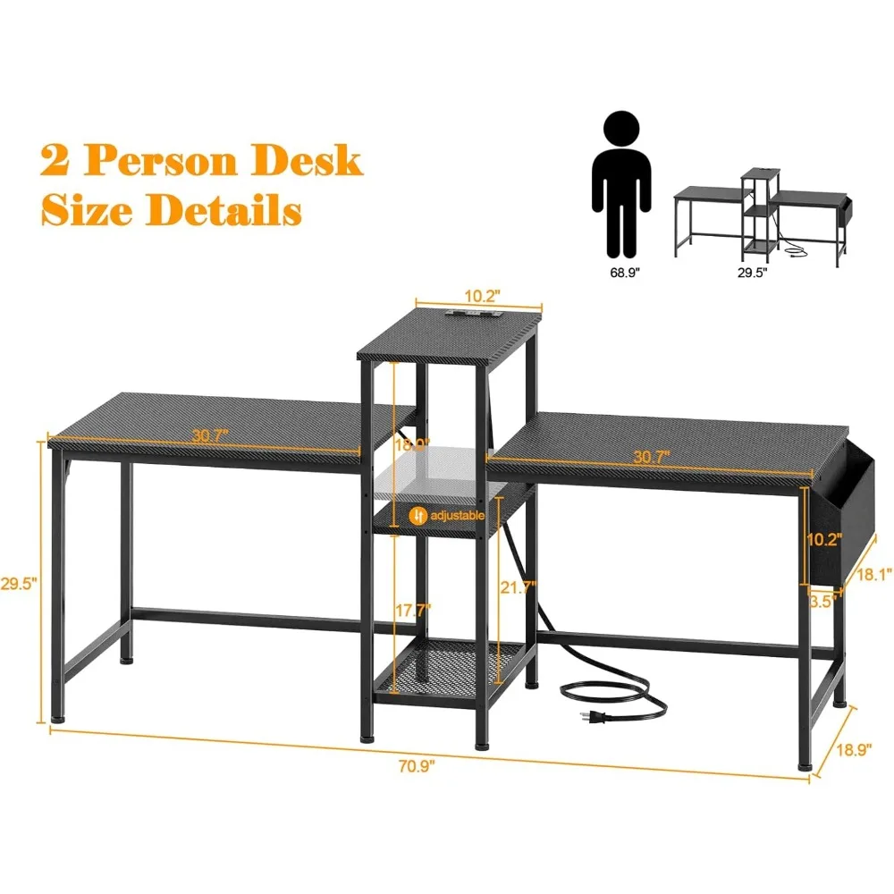 71 Inch Gaming and Study Desk with Power Outlets, Storage Bag, and Headphone Hooks for Optimal Computer Setup