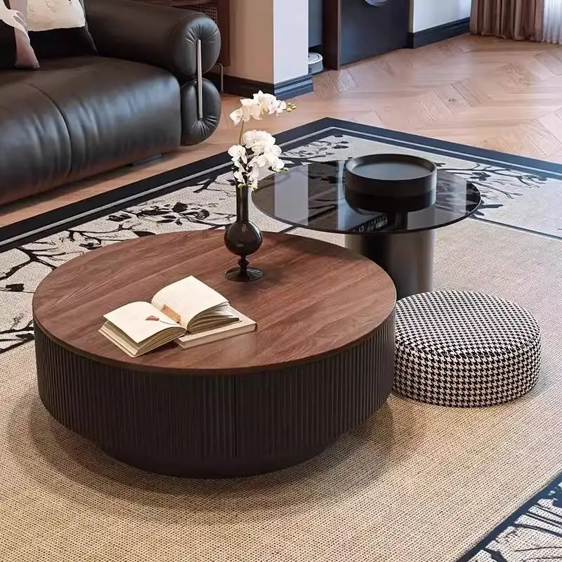 xx-Modern 2-Piece Nested Coffee Table Set with Walnut Top Fluted Storage Drawer and Black Glass Side Table for Coffee Table^