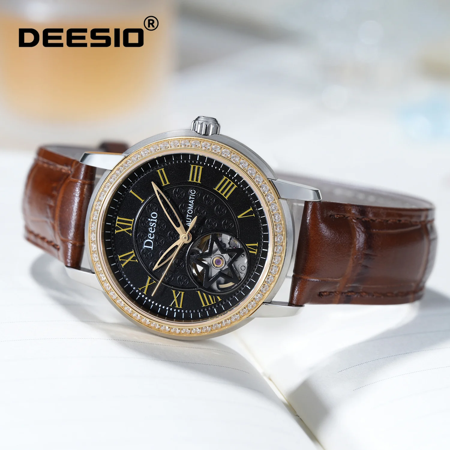 Deesio Luxury Automatic Women's Watch Skeleton Dial Stainless Steel 50M Waterproof Mechanical Wristwatch Fashion Gift for Women