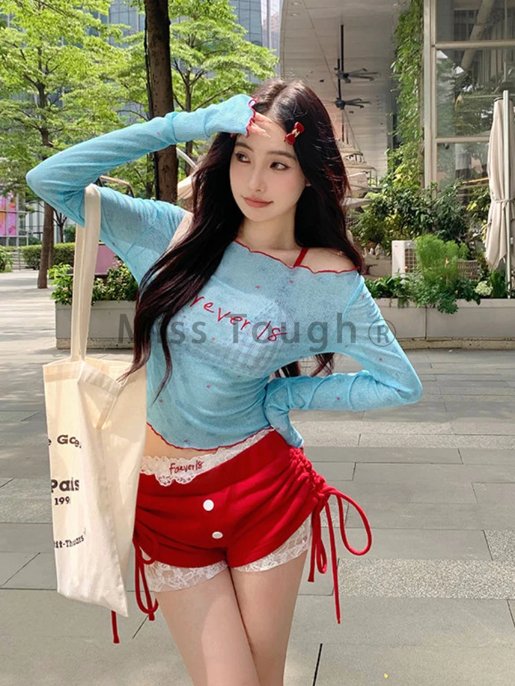 Aesthetic Sexy Thin Off Shoulder Lace Set Women Y2k Chic Slim Print Long Sleeve Sling Suit Female + High Waist Solid Short Pants