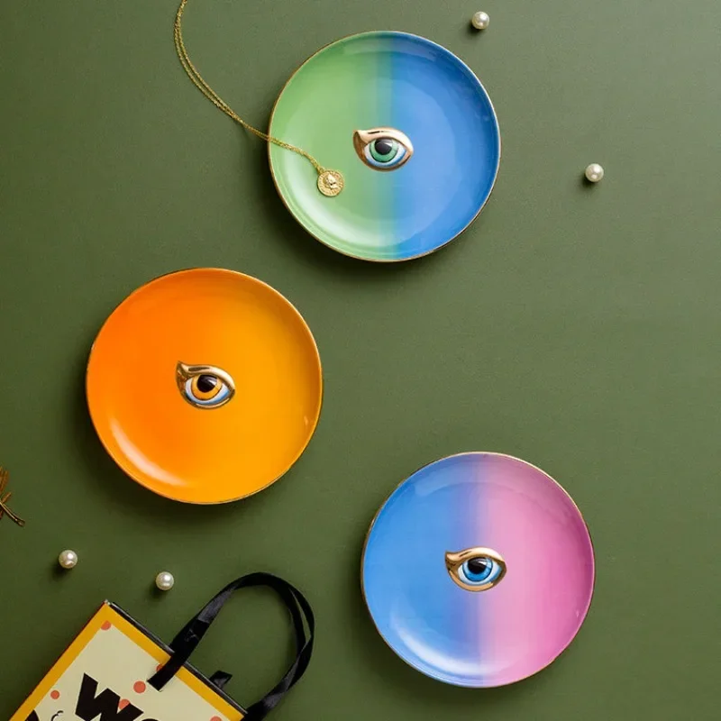 

Nordic Round Ceramic Plate Devil's Eye Ring Necklace Jewelry Tray Teacups Coasters Ceramic Jewelry Tray Colorful Tray Ornaments
