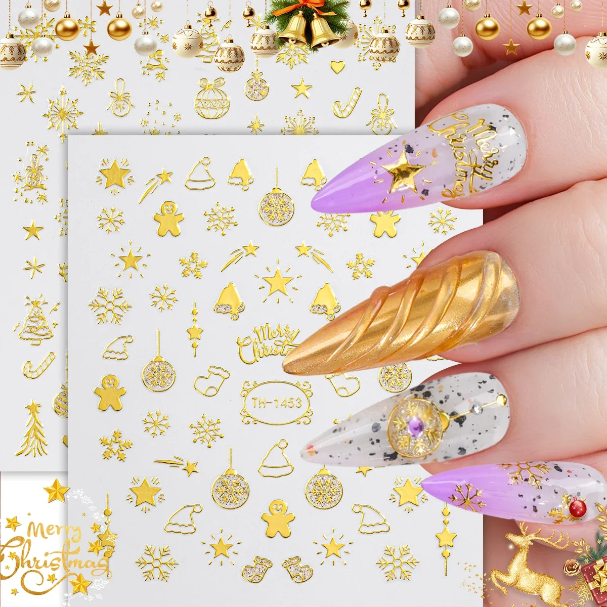 2 uds Navidad 3D copos de nieve dorados estrellas campanas bastón caramelo autoadhesivo Nail Art pegatina para decoración de manicura DIY