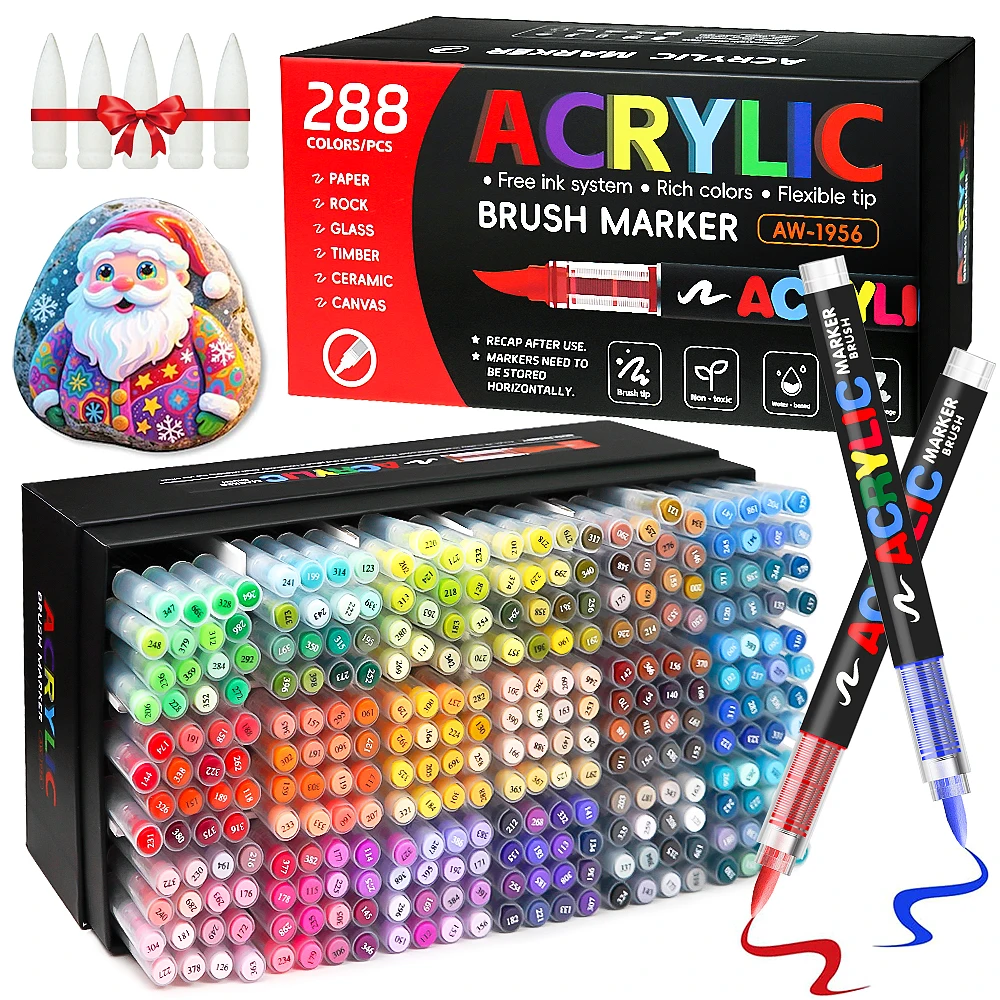12-288 Colors Acrylic Paint Pen Marker Brush Tip Paint Marker For Rock Painting Wood Canvas Stone Christmas Gift DIY Craft