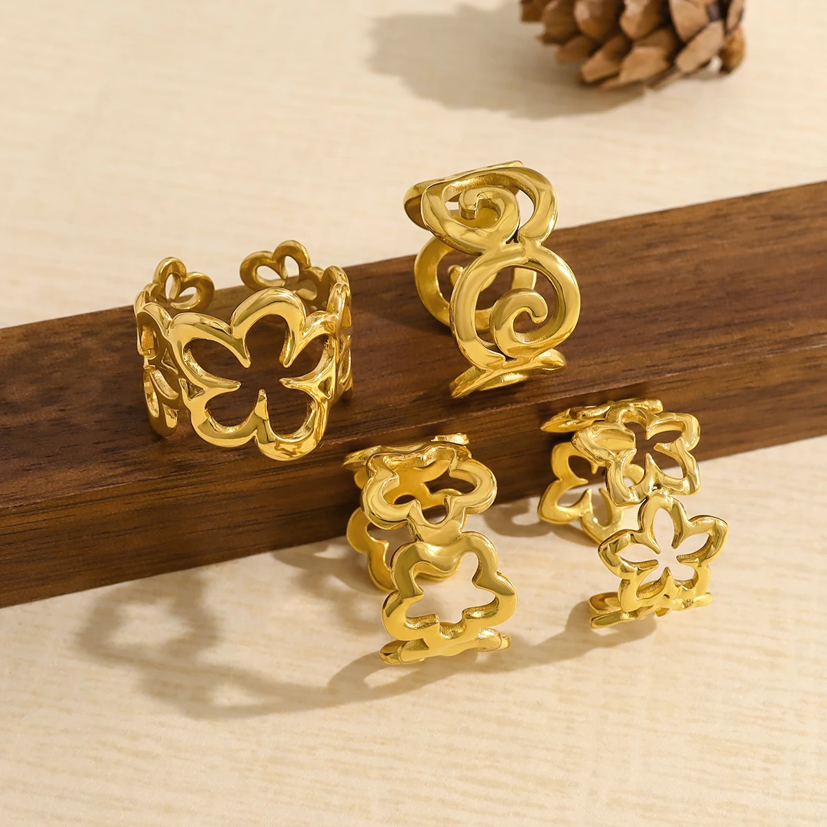 

WILD & FREE Irregular Hollow Flowers Stainless Steel Rings for Woman Vintage Trendy 18K Gold Plated Waterproof Jewelry