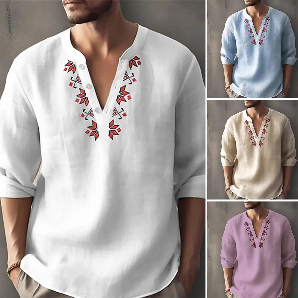 Men Geometric Print Buttons Neckline Shirt Tops V-neck Long Sleeve Loose Fit Solid Color Thin Pullover Tops Breathable Workwear