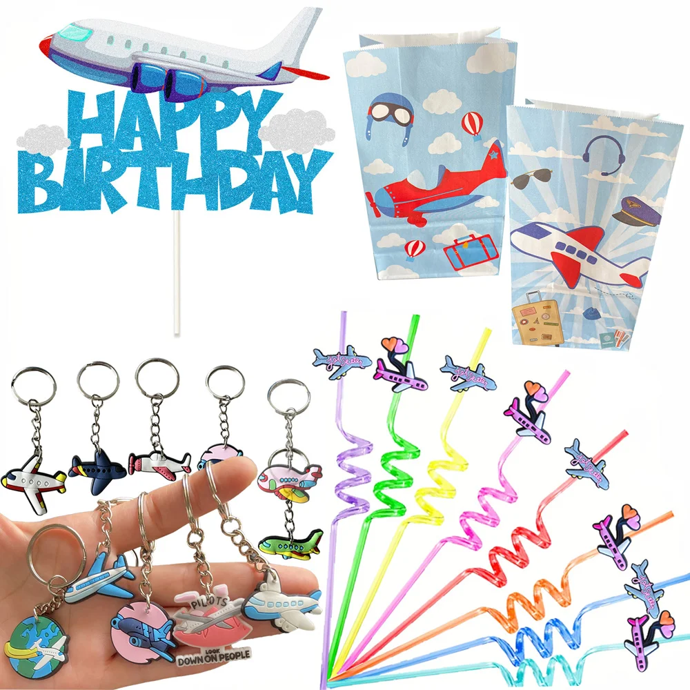 Airplane Birthday Party Decor Keychain Straw Balloons Time Flies Sky Theme Cake Topper Banner Plane Cake Toppers Gift Treat Bag