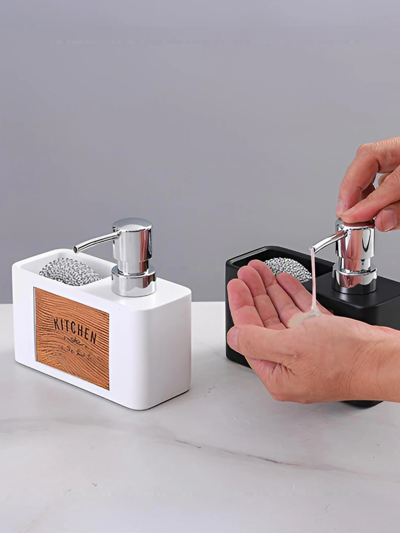 

Органайзер для кухонной столешницы, дозатор мыла и держатель для губки, пластиковая конструкция, деревянная этикетка, аксессуары для кухонной мойки