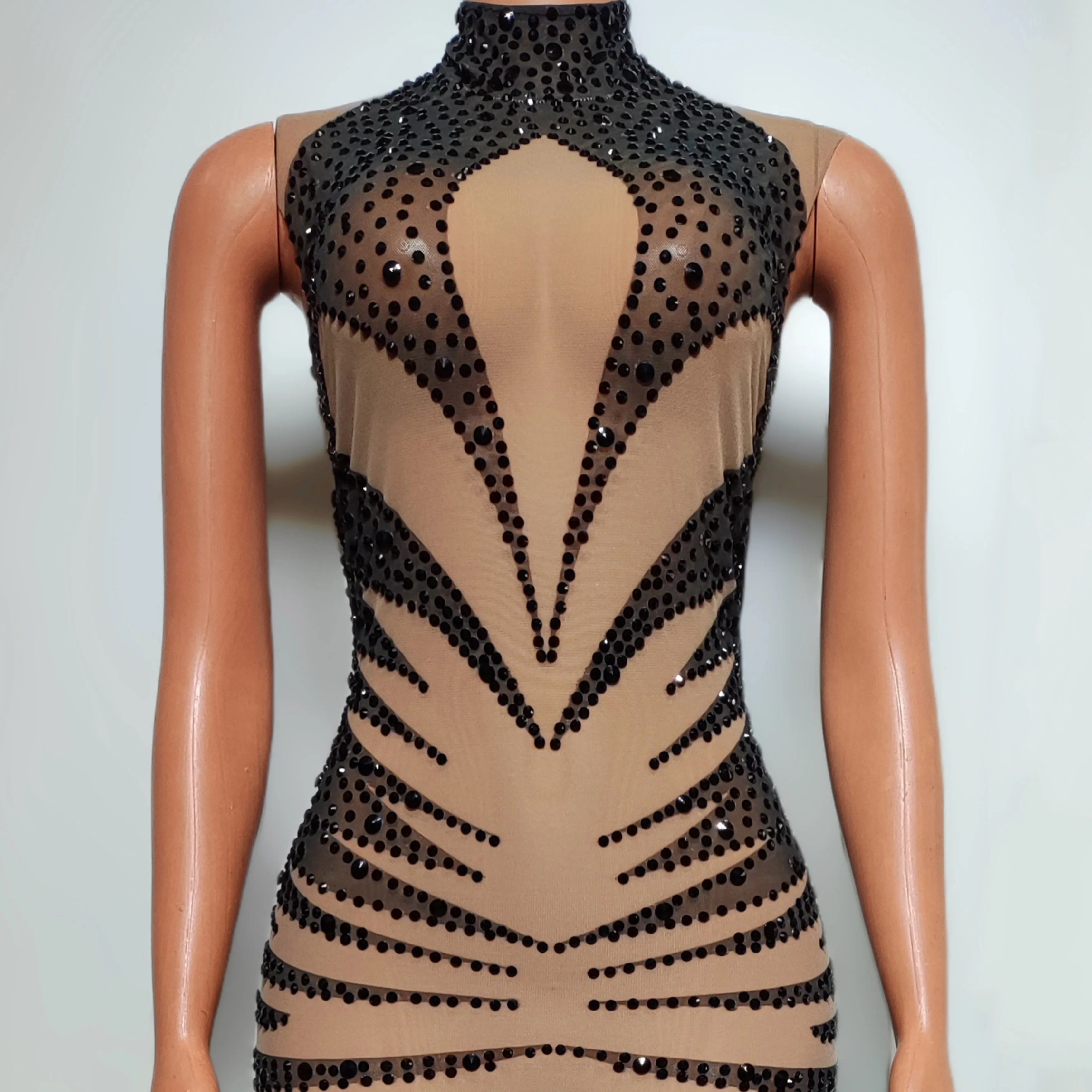 Sexy Perspective Mesh Full Diamond Slim Fit Short Skirt Nightclub Bar Holiday Party Female Singer DJ Stage Performance Clothing