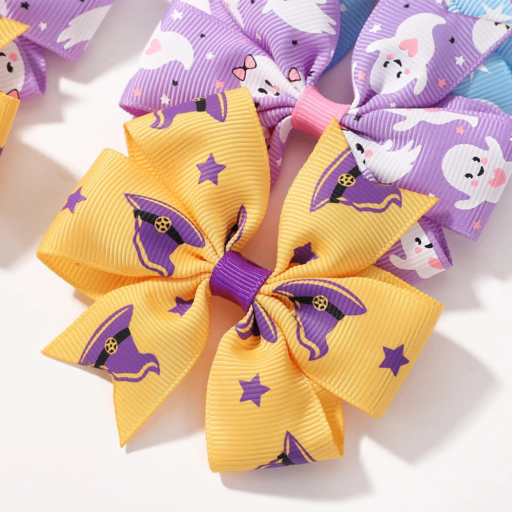 20 Stücke Candy Farbe Kürbis Skelett Druck Haarspangen für Festival Party Mädchen Seitenclips Halloween Kinder Bogen Haar Zubehör – Detail 4