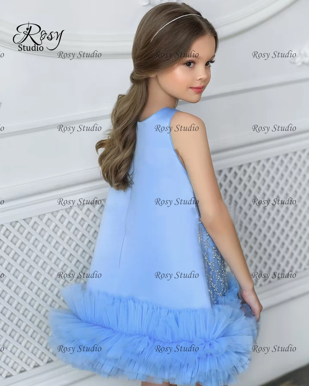 2024 Sky Blue Girl's Party Dresses Beaded A-line Ruffles Mini Flower Girl Dress Short Pageant Prom Gowns for Wedding