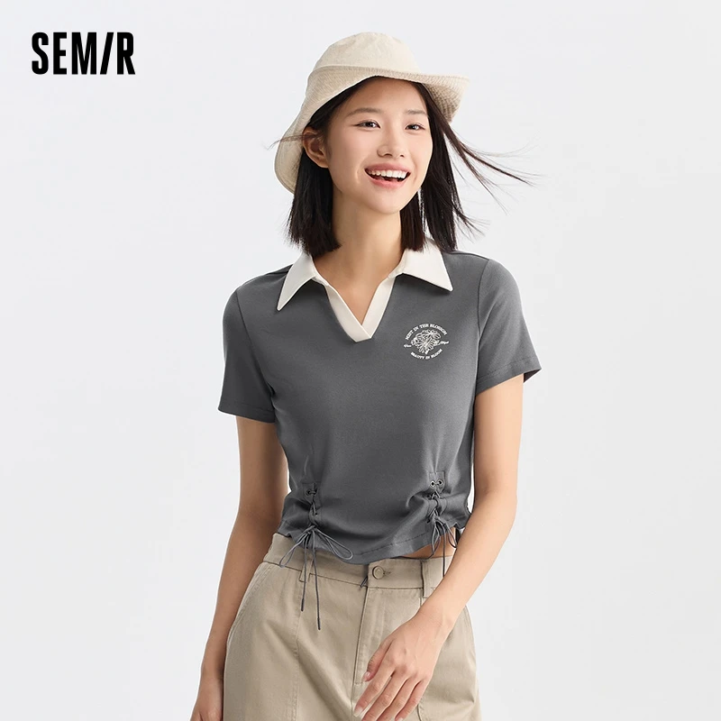 Semir Polo Shirt Women\'S Short Printed Retro Style 2024 Summer New Slim Tie Tops