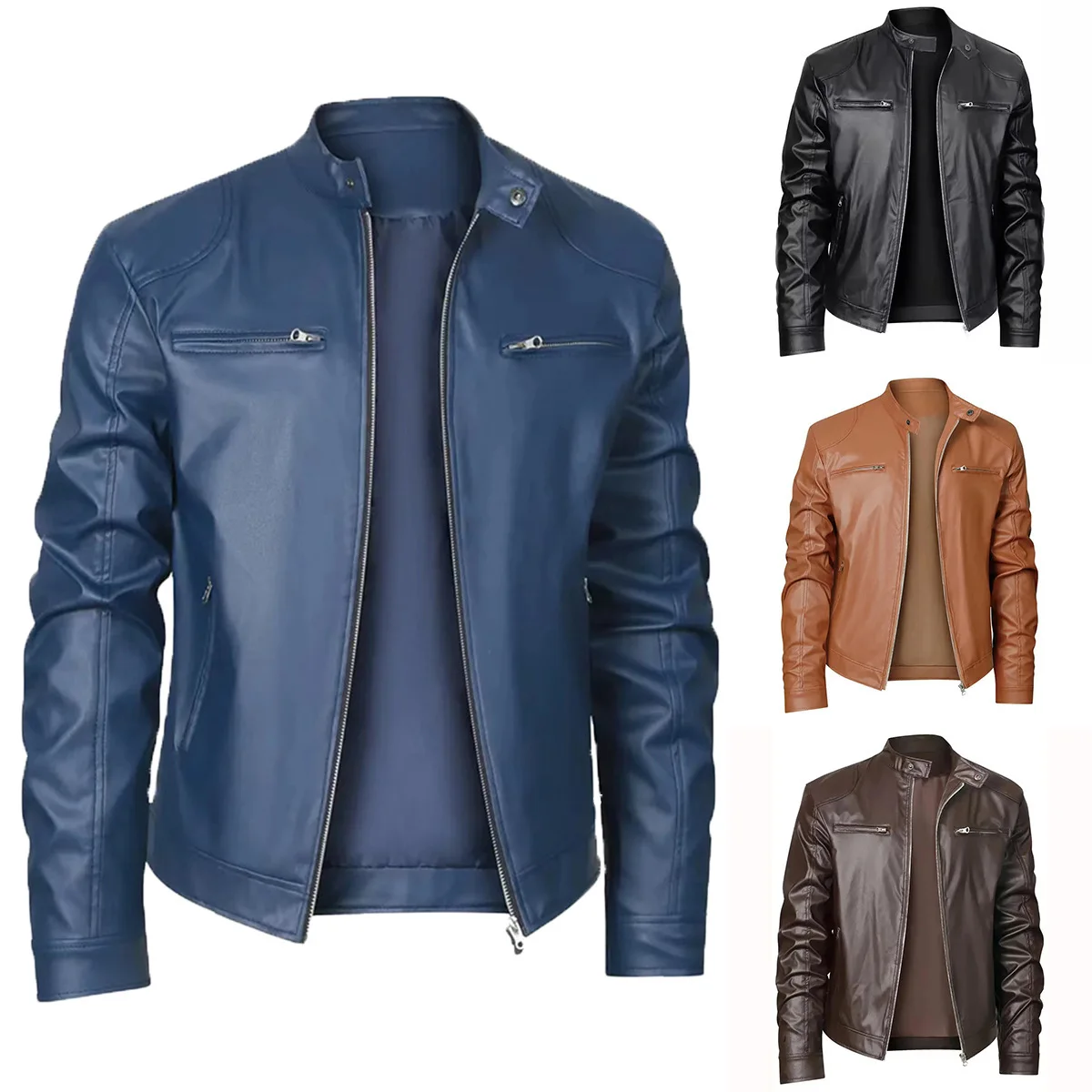 2024 high-quality men's stand up collar slim fit leather jacket with leather chain pocket decoration, motorcycle