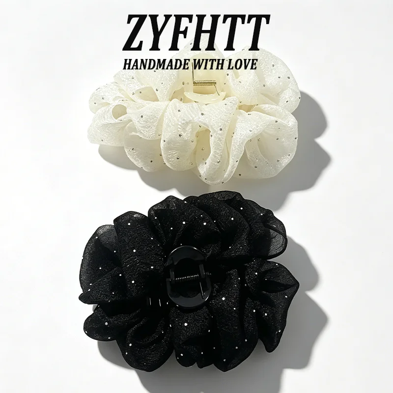 

1/2pcs Elegant Temperament Ladies' Hair Accessories With Shiny Rhinestones Korean Style Shark Clips Fluffy Mesh Hair Accessories