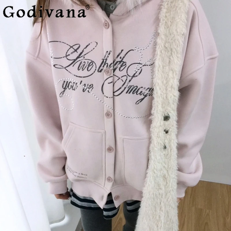 Y2K معطف بياقة من الفرو للنساء جديد الخريف الشتاء الوردي صوف مبطن مقنعين البلوز الإناث اليابانية زر هوديس معطف #4