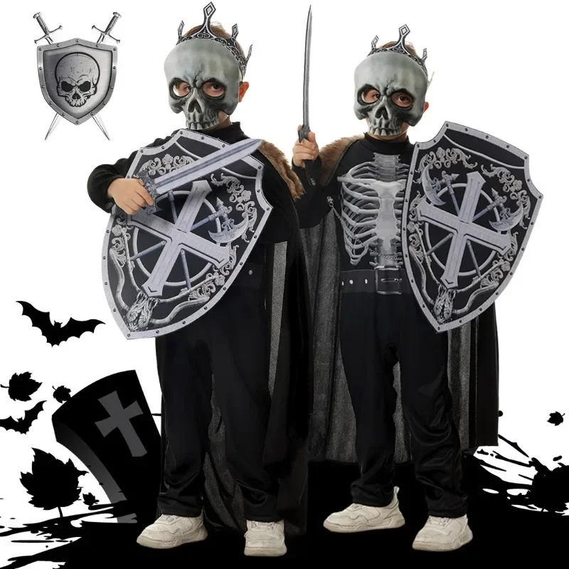 Wholesale Skull Knight Cosplay Role Play Child Boys Mask Cloak Scary Stage Costume Kids Roleplay Fantasia Outfits Fantasy