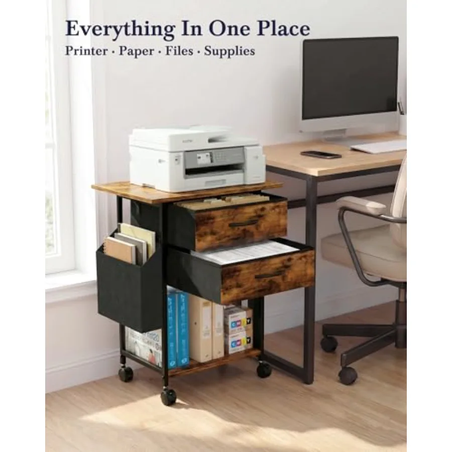 Printer Stand with Storage, 22'' Printer Cabinet with 2 Fabric Drawers, Rolling File Cabinet for Home Office, Printer Table wit