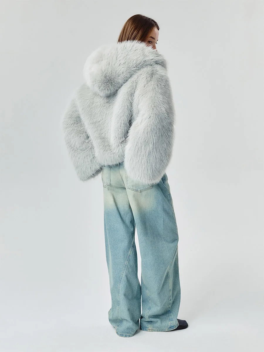 DFDG 2026 Women Hooded Cropped Faux Fur Coat Oversized Drop Shoulder Fluffy Plush Jacket Loose Warm Streetwear Cold Winter Fur
