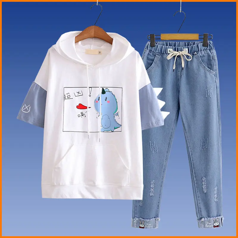 Middle School Students Summer Suit Female Preppy Style High School Girls Two-piece Fashion Loose Cute Top T-shirt Female Summer