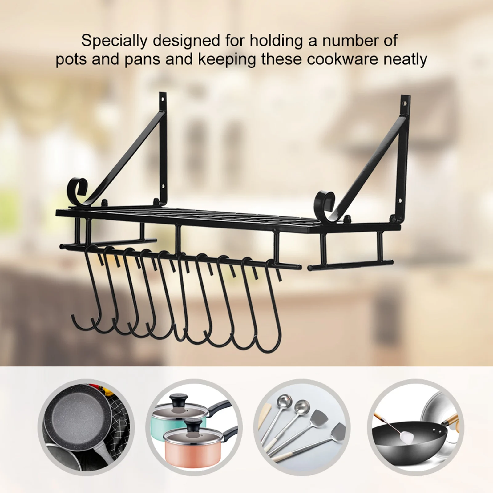 Kitchen Storage Rack Metal Hanging Pan Pot Rack Wall Mounted with 10 Hook Holders Kitchen Storage Organizer Pot Rack Pan Rack