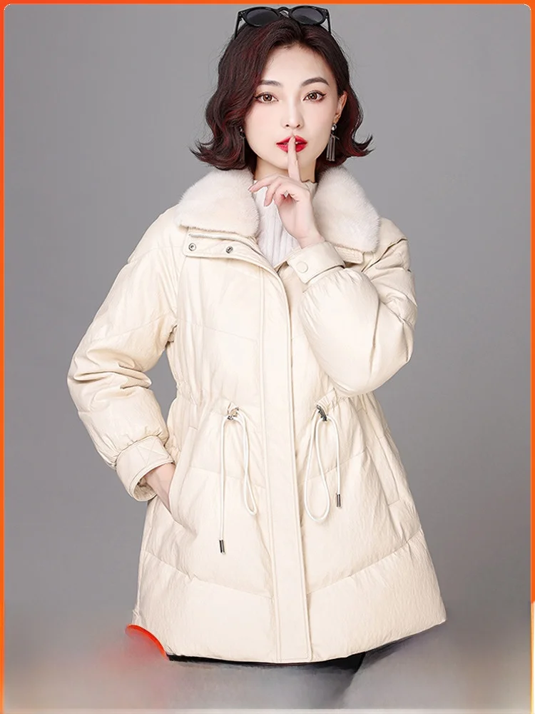 

Winter Thiened Real Leather down Jaet Women Loose Waist Inward White Du Feather Mink Collar eepskin Outerwear