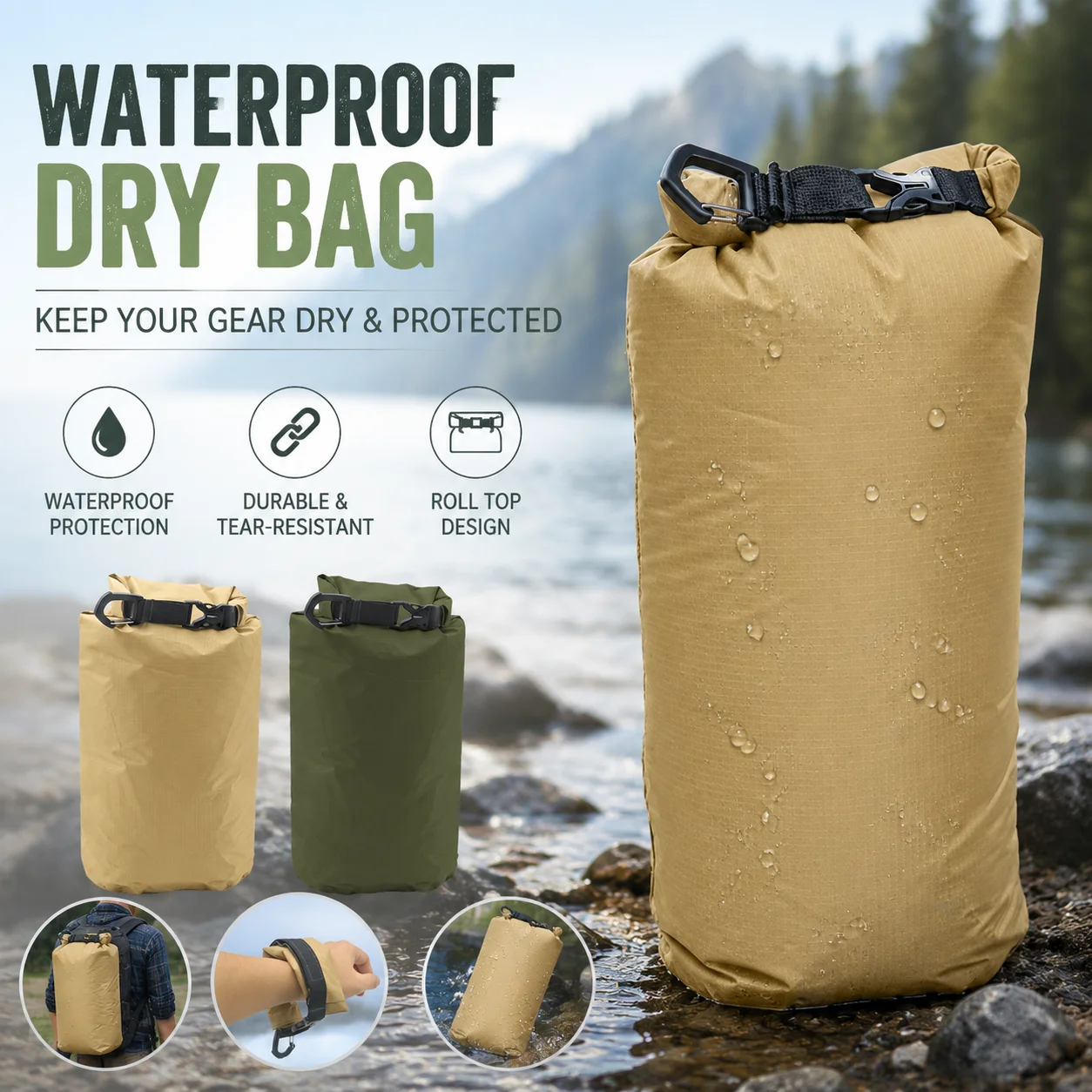 Sac à dos étanche à enroulement, léger, grande capacité, flottant, pour kayak, bateau, rafting, natation, camping