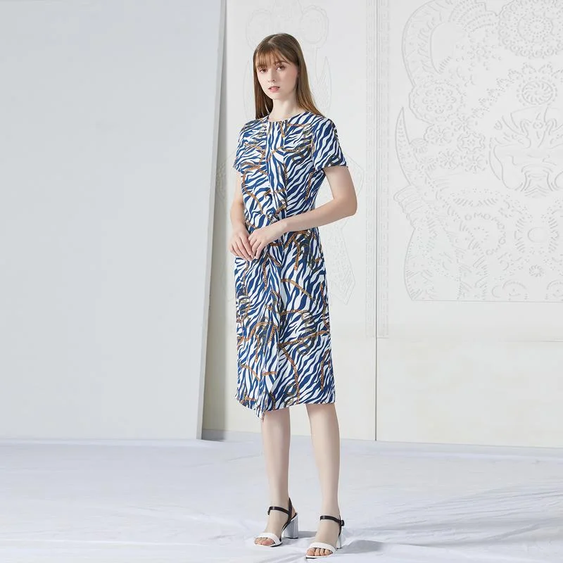 

Summer Zebra Print Pleated 3D Cutting Dress Women's Short Sleeve V-neck G-ZEN COLLECTION Polyester Fiber Midi Dress