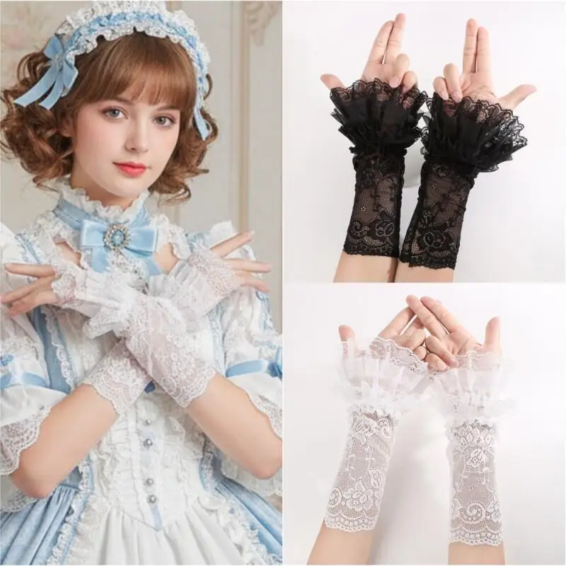 Lace Ruffled Wrist Cuffs for Women Gothic Lolita Sheer Mesh Hand Sleeves for Cosplay Party Halloween Wedding Costume Accessory