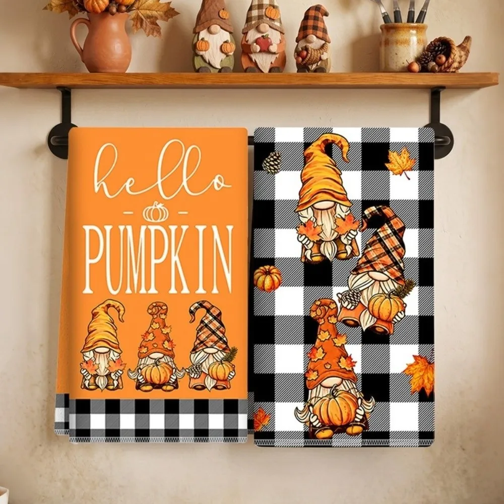 2Pcs Soft Absorbent Fall Gnome Dish Towels Microfiber Autumn Harvest Hello Pumpkin Kitchen Towel Quick Dry Thickened
