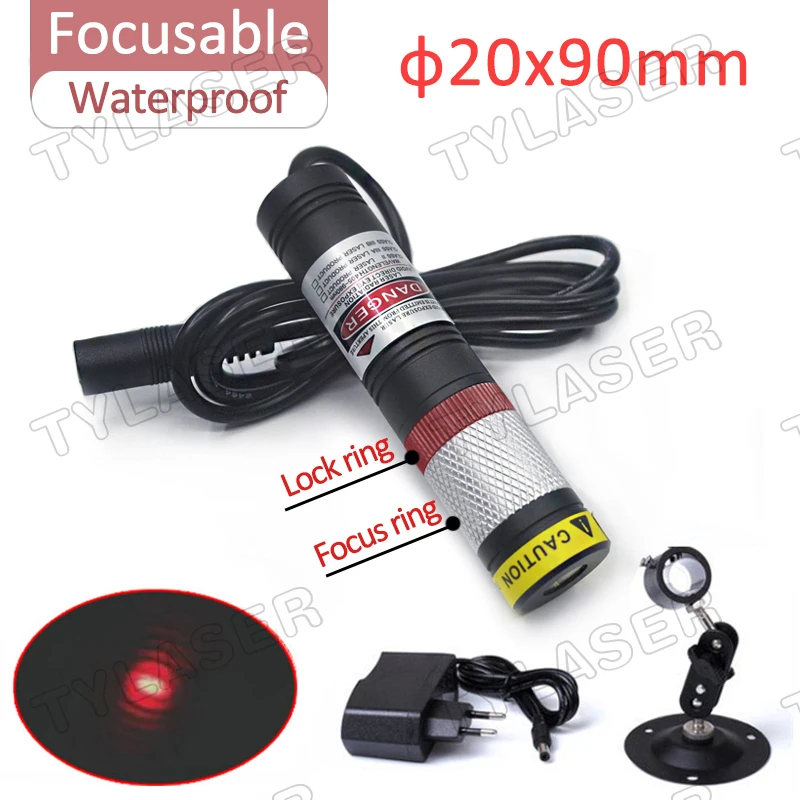 Waterproof Glass Len D20X90mm Focusable 635nm Red Dot 10mW 30mW 50mW100mW Laser Module for Cutting Positioning Free with Bracket