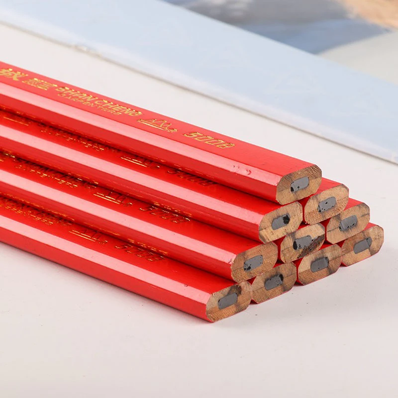 12PCS Elliptical Woodworking Pencils With Scale Flat Mark Pencils Black/Red Thick Core Hand Tool DIY Accessories