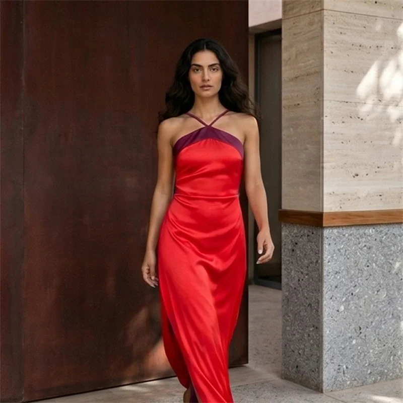 

Women Sexy Color Blocking Halter Maxi Dresses Elegant Backless Off Shoulder Sleeveless Slim Gowns 2026 New Lady Party Vestidos
