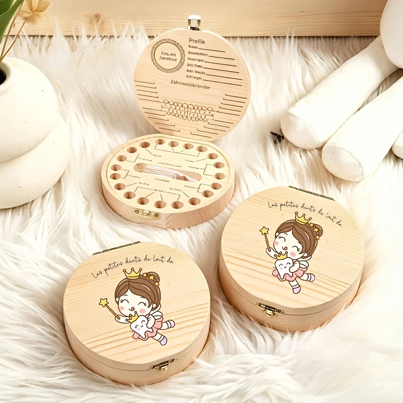 2D Wooden Baby Tooth Box Circular Hole-Punching Design with Fairy-Tale Tooth Fairy Elf Patterns Children's Keepsake Lost Teeth