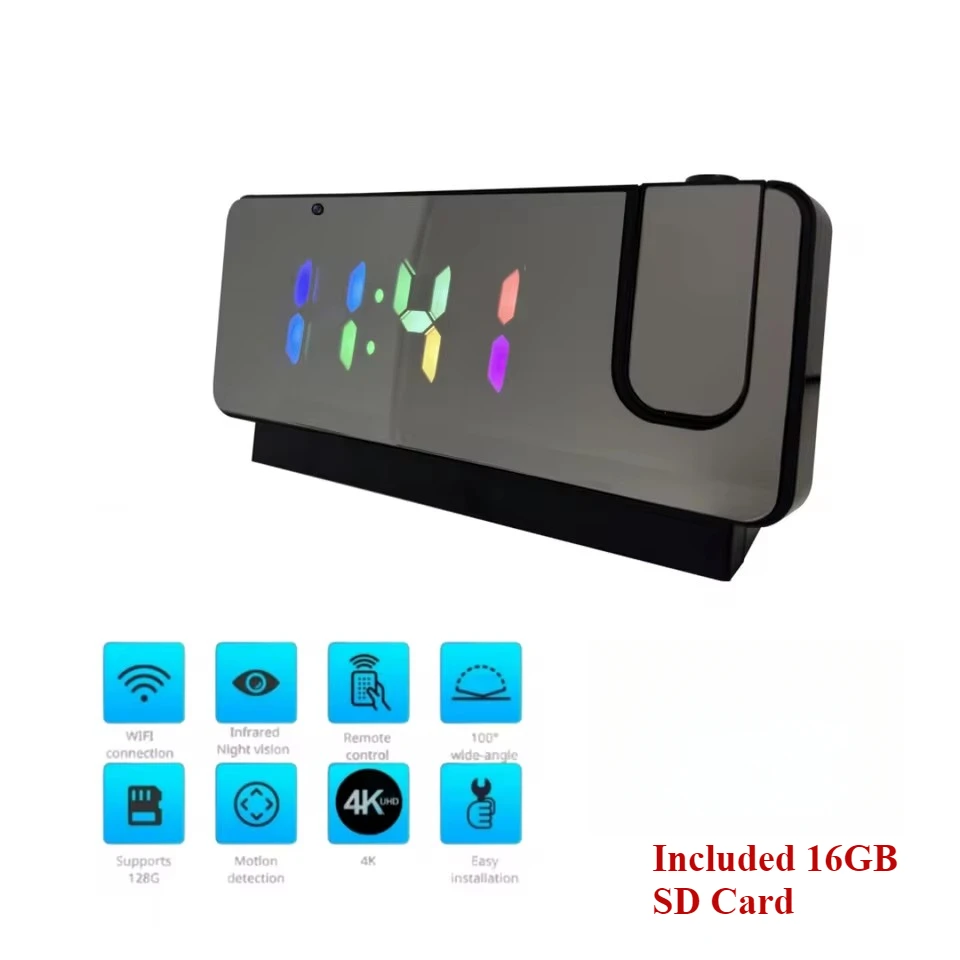 

Full HD 4K Wireless Alarm Clock Camera WiFi Motion Detection Cam Colorful Time Projection Screen Camcorder with 16GB SD Card