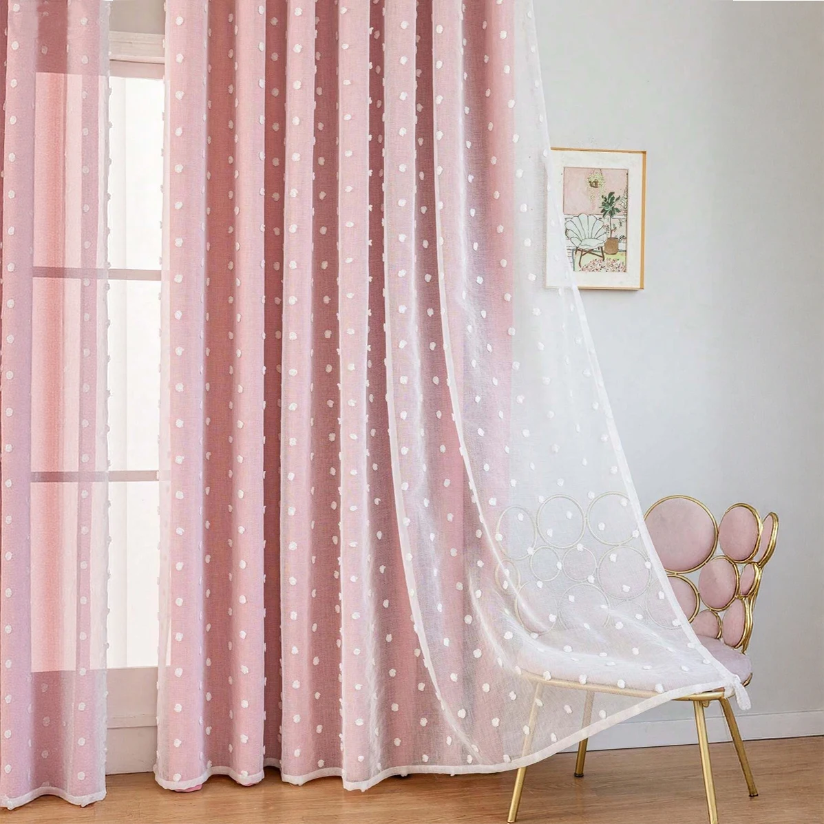 1 Piece, Sweet and Cute Style, White Double-Layer Blackout Curtains with Small Pom-Poms, Pink High-Density Polyester Lining Fabric, Eyelet Top, Soft, Smooth, Washable, Three-Dimensional Layered Effect, Suitable for Bedrooms, Living Rooms, Offices, Girls' Dormitories, Valentine's Day, Weddings, Parties