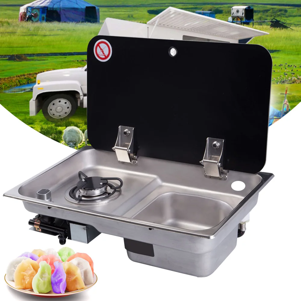 Boat Caravan RV Camper 1 Burner Gas Stove Hob and Sink Combo with Glass Lid GR-903 Black and Silvery