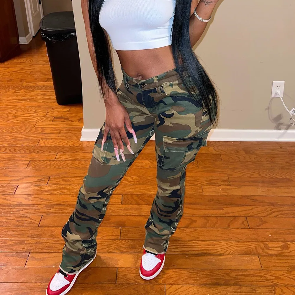 

Брюки-карго женские прямые брюки с камуфляжным принтом и несколькими карманами на пуговицах, эластичная женская винтажная уличная одежда со средней талией