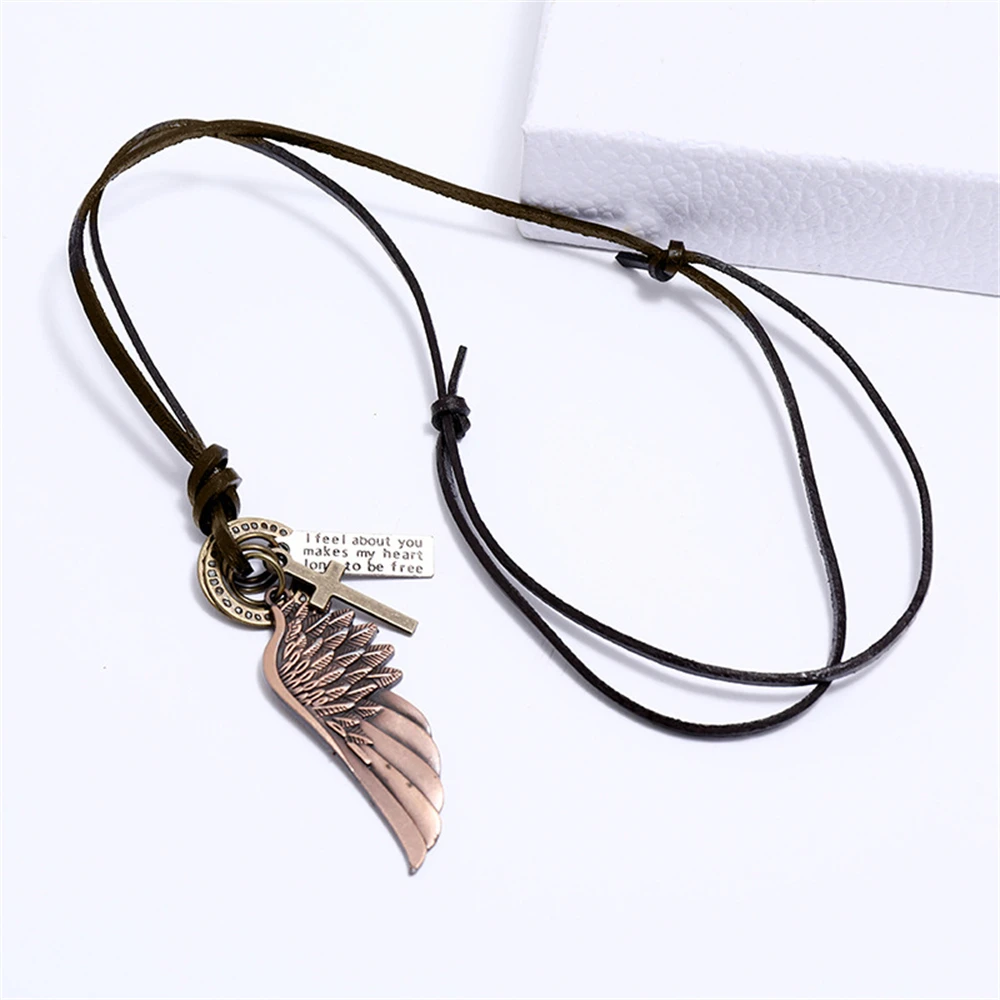 Vintage Angel Wings Necklace Cross Pendants Brown Leather Cord Neck Chain for Women Men Fashion Punk Jewelry