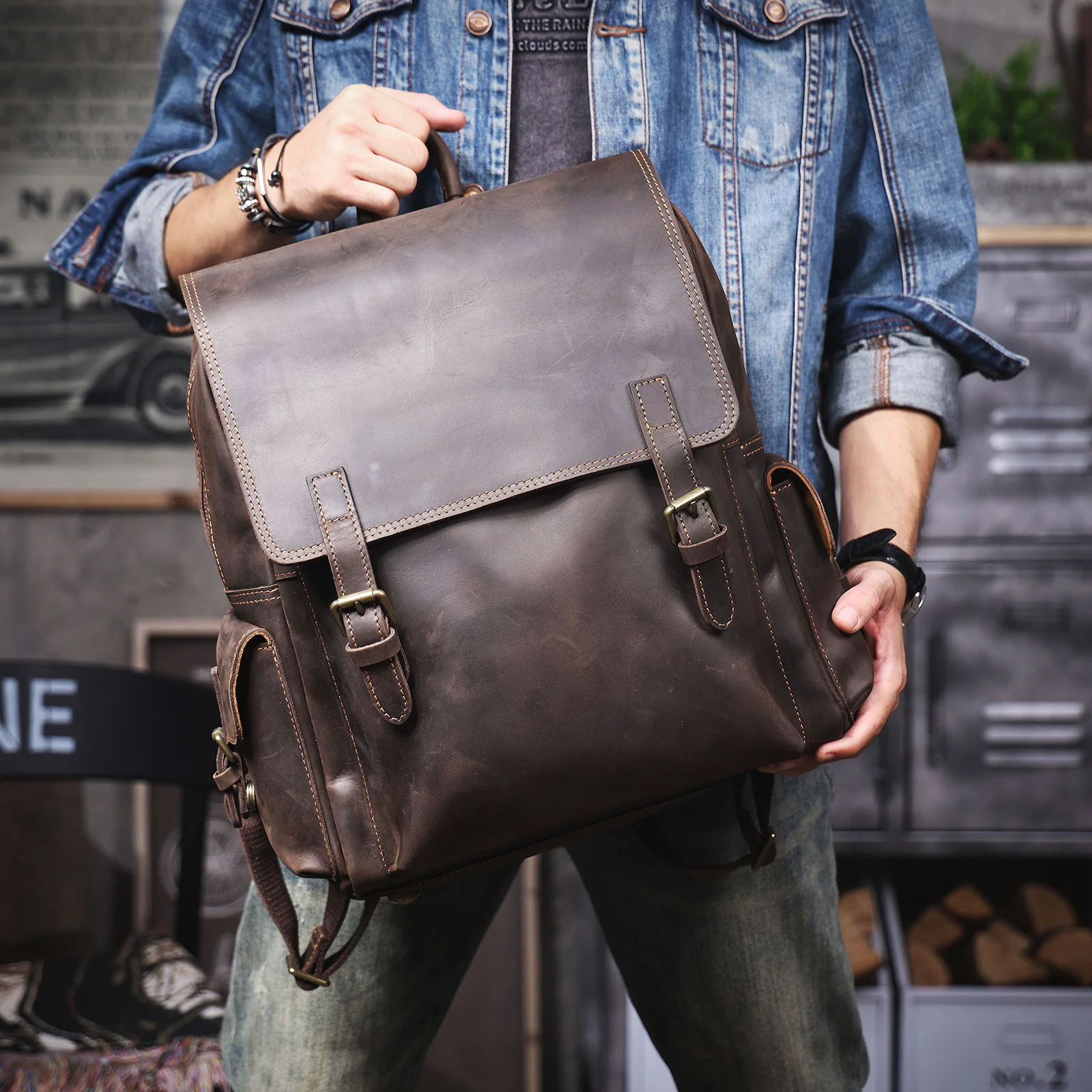 S.WORKER Vintage Echtleder-Rucksack 15" Laptop-Tasche Lässige Crazy-Horse-Leder-Schultasche Outdoor-Reise-Weekender-Tasche – Detail 5