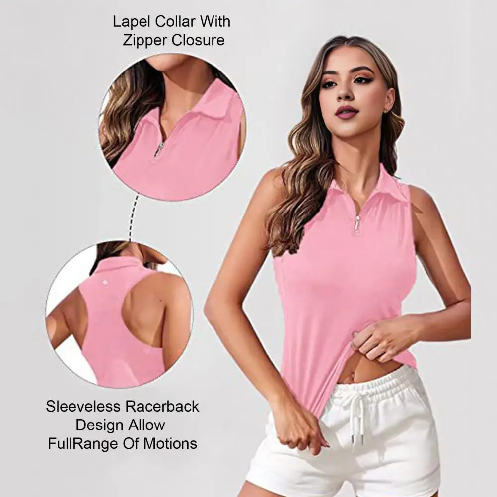 Women Vest Solid Color Top Women’s Golf Vest Top Quick Dry Athletic Racerback Shirt Lapel Zipper Neckline Workout Tee