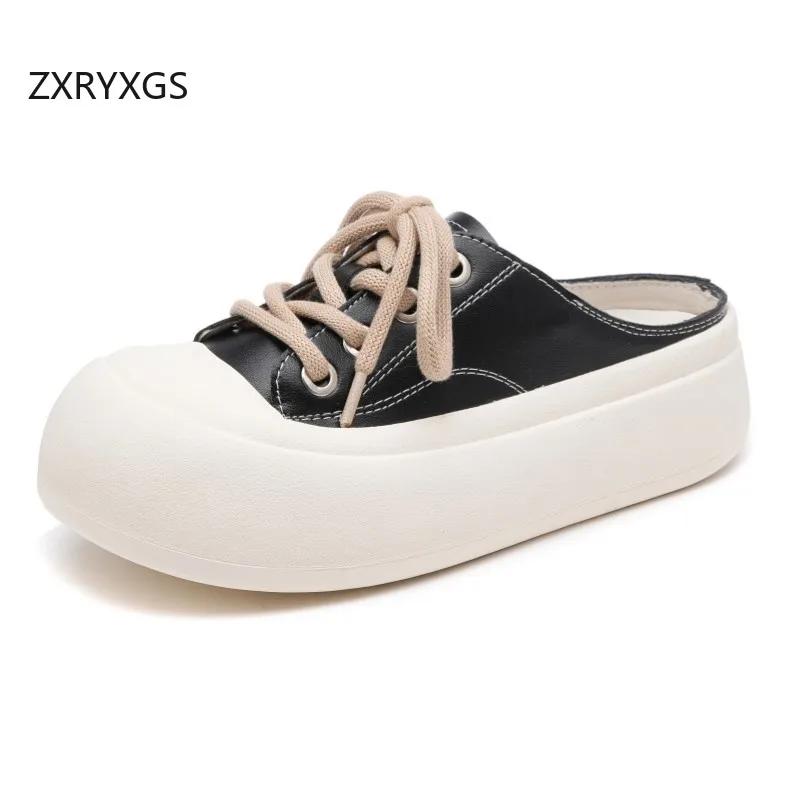 

ZXRYXGS Lace-up Round Toe Women's Outside Slippers 2025 New Real Leather Summer Vulcanized Shoes Platform Elevator Slippers Tide