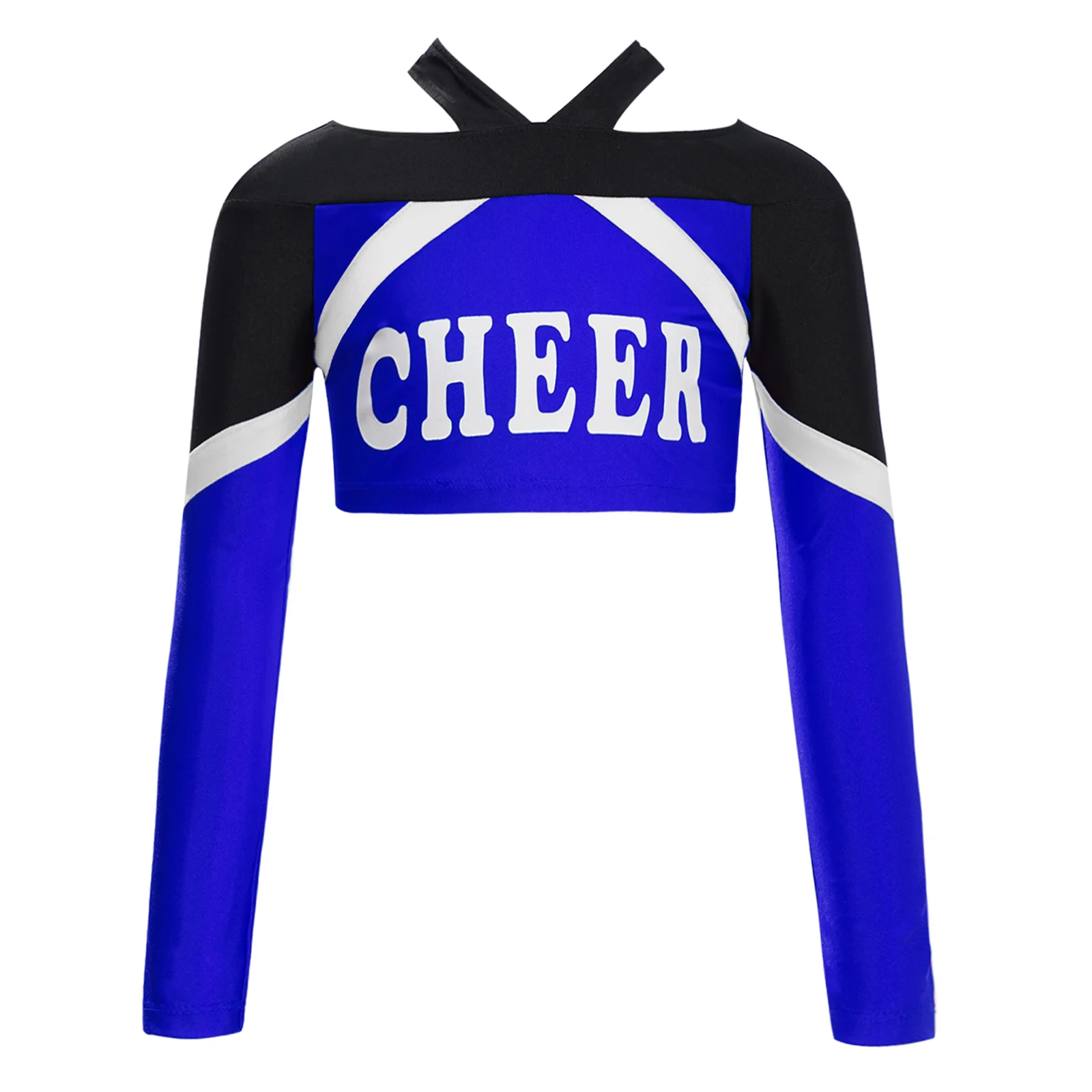 

Kids Girls Dance Top Cheerleading Gymnastics Performance Costume Long Sleeve Letter Print Color Block Crop Tops for School Show