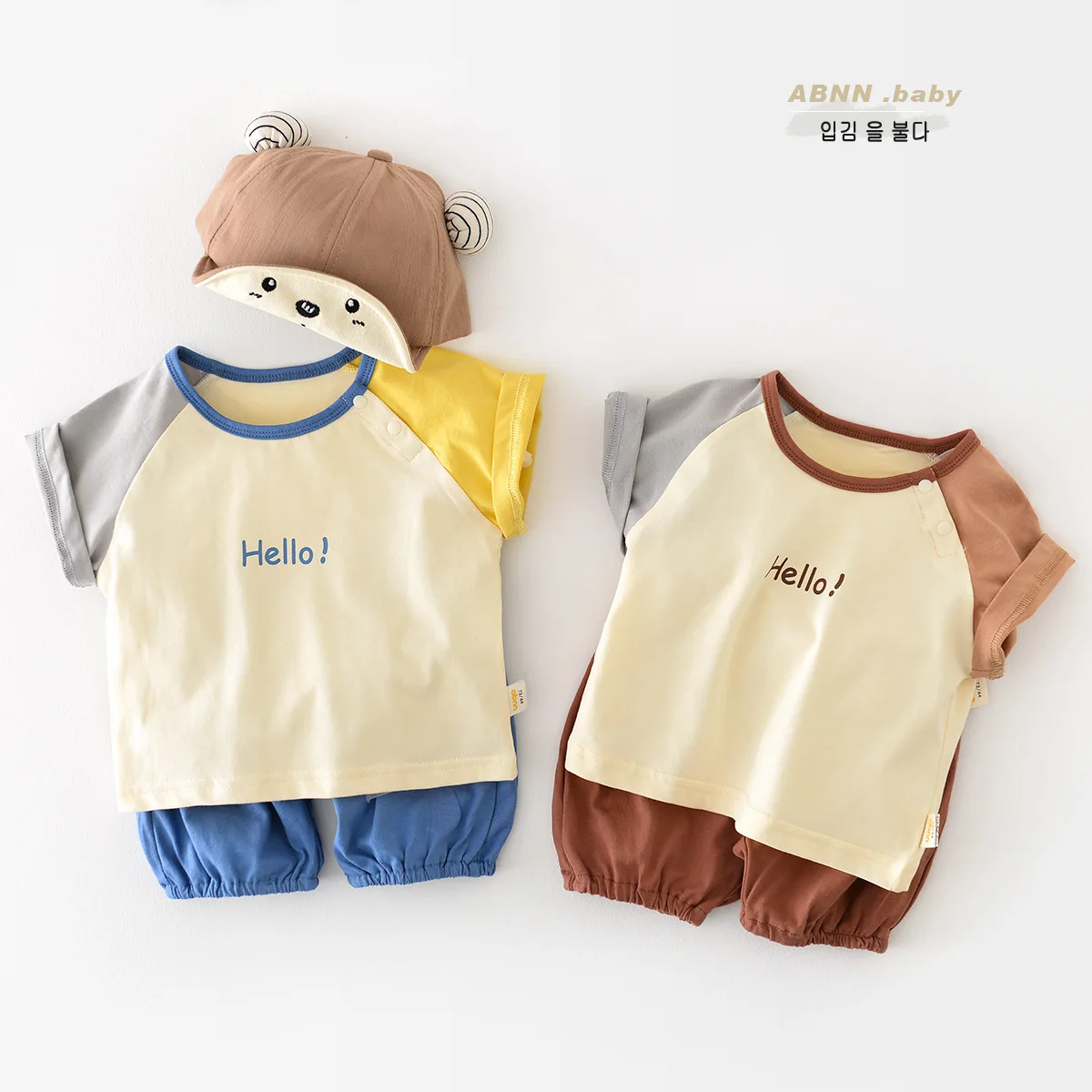 

Jenny&Dave Baby Summer Thin Set for Boys and Girls Korean Edition Casual Outgoing Splice Round Neck Shoulder Open Short Sleeve T