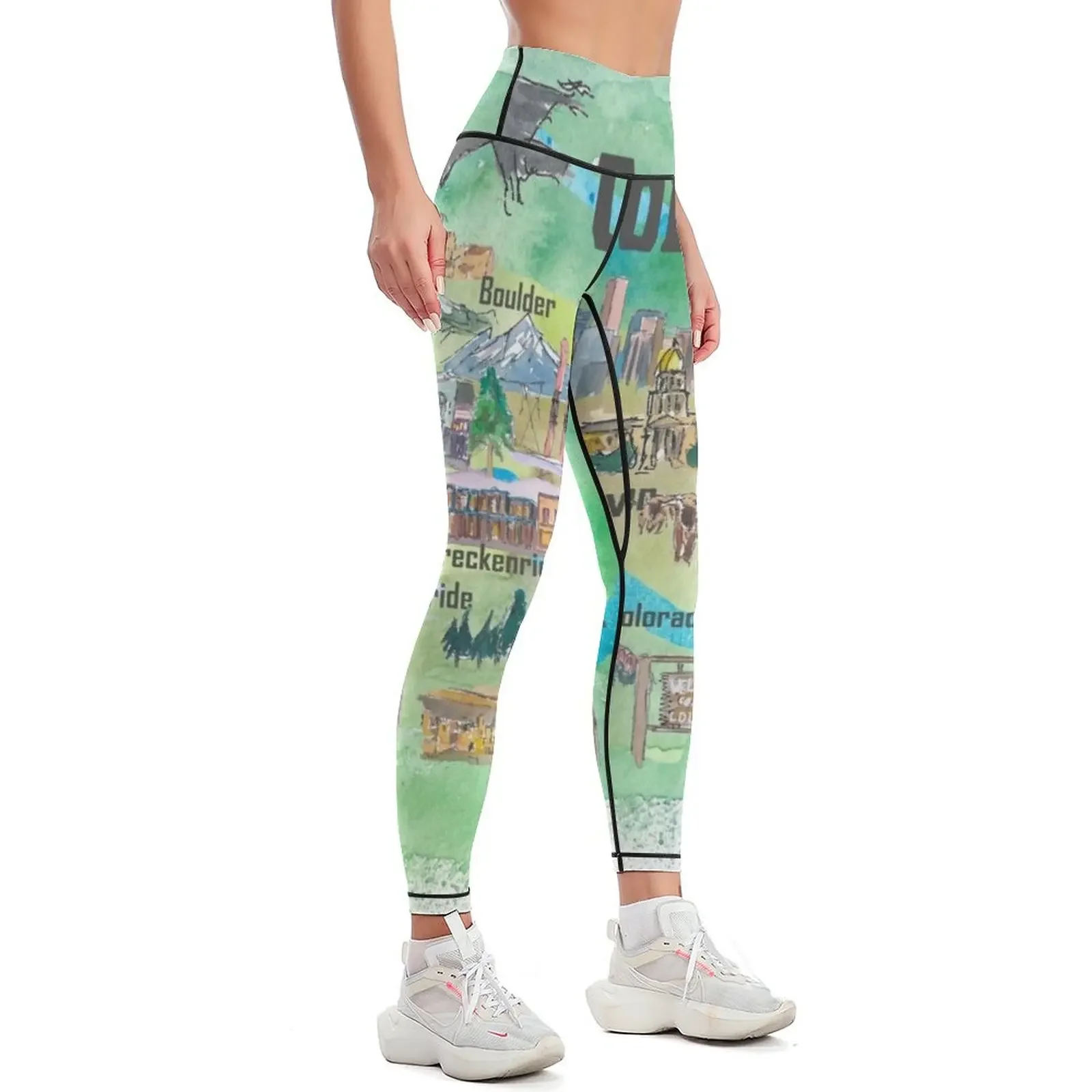 USA Colorado State Travel Poster Illustrated Art Map Leggings flared sporty woman gym gym top Women's trousers Womens Leggings